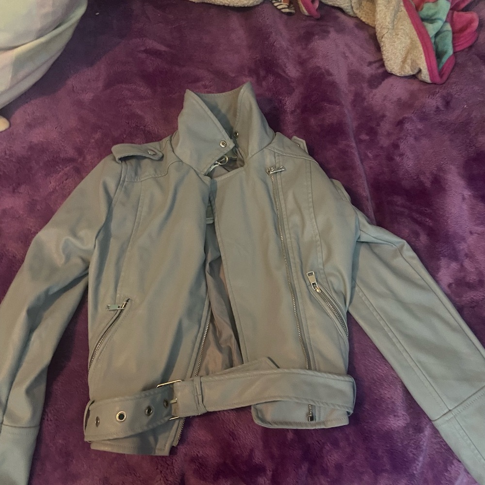 A baby Blue leather jacket